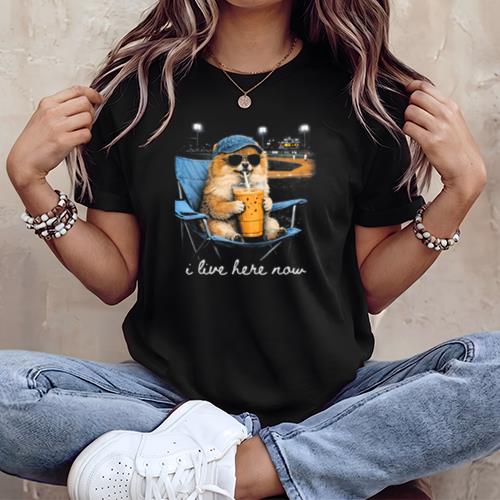 Funny Pomeranian Ballfield Baseball Field I Live Here Now T-Shirt