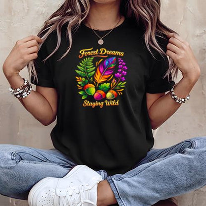 Forest Dreams Striking Bohemian Feather Flowers Scene Design T-Shirt