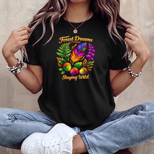 Forest Dreams Striking Bohemian Feather Flowers Scene Design T-Shirt