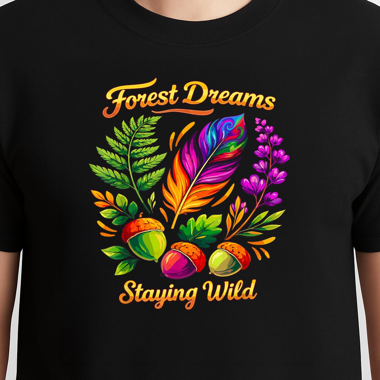 Forest Dreams Striking Bohemian Feather Flowers Scene Design T-Shirt