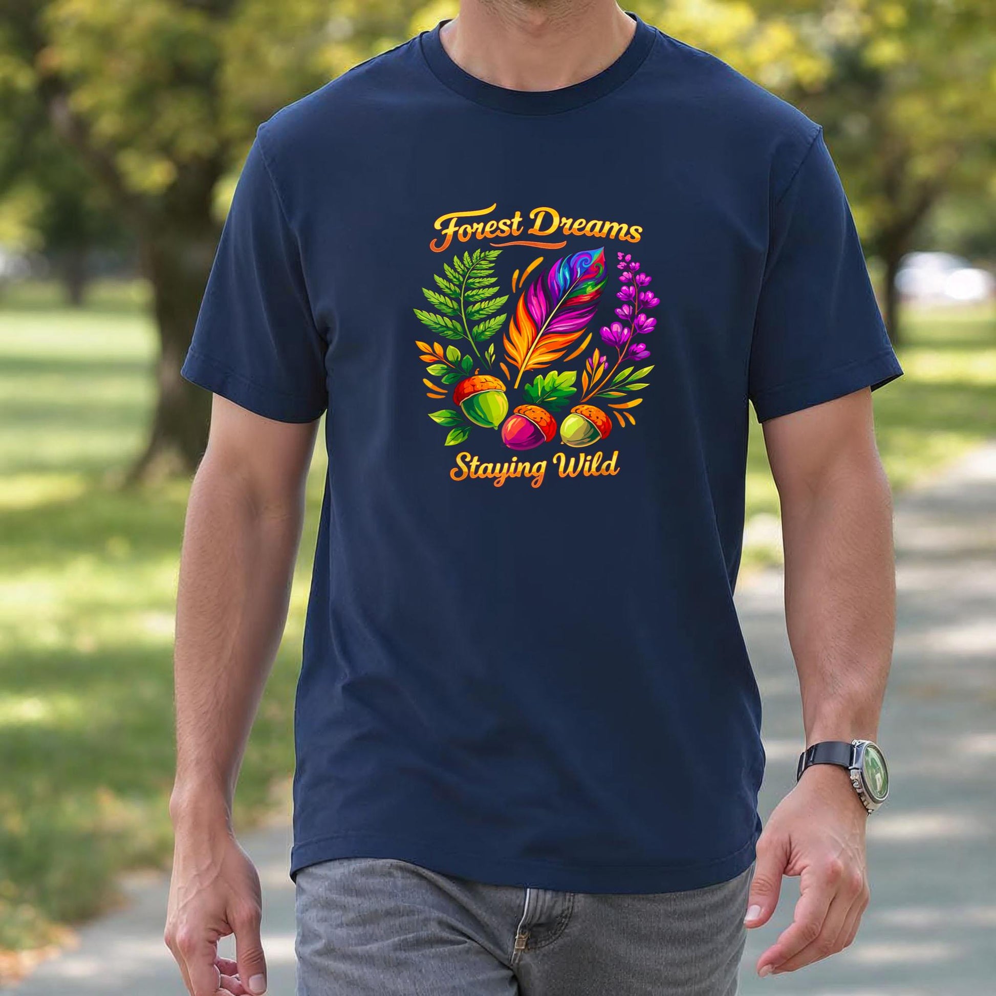 Forest Dreams Striking Bohemian Feather Flowers Scene Design T-Shirt