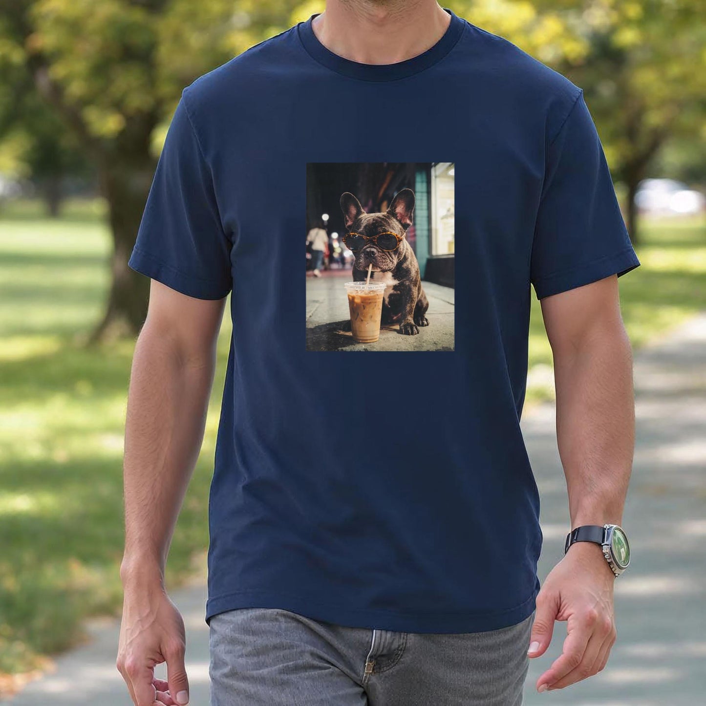 French_Bulldog_Drinking_Iced_Coffee_Funny_Animal_T-Shirt