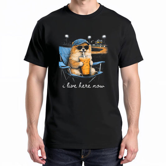 Funny Pomeranian Ballfield Baseball Field I Live Here Now T-Shirt