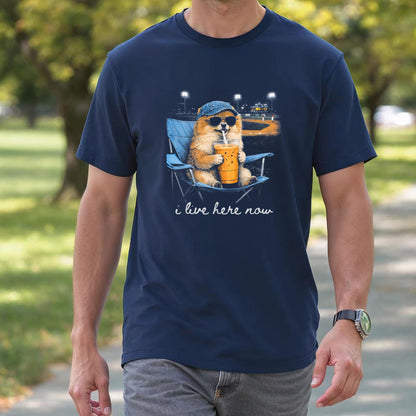 Funny Pomeranian Ballfield Baseball Field I Live Here Now T-Shirt