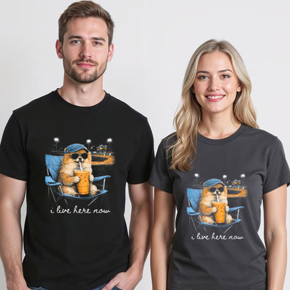 Funny Pomeranian Ballfield Baseball Field I Live Here Now T-Shirt