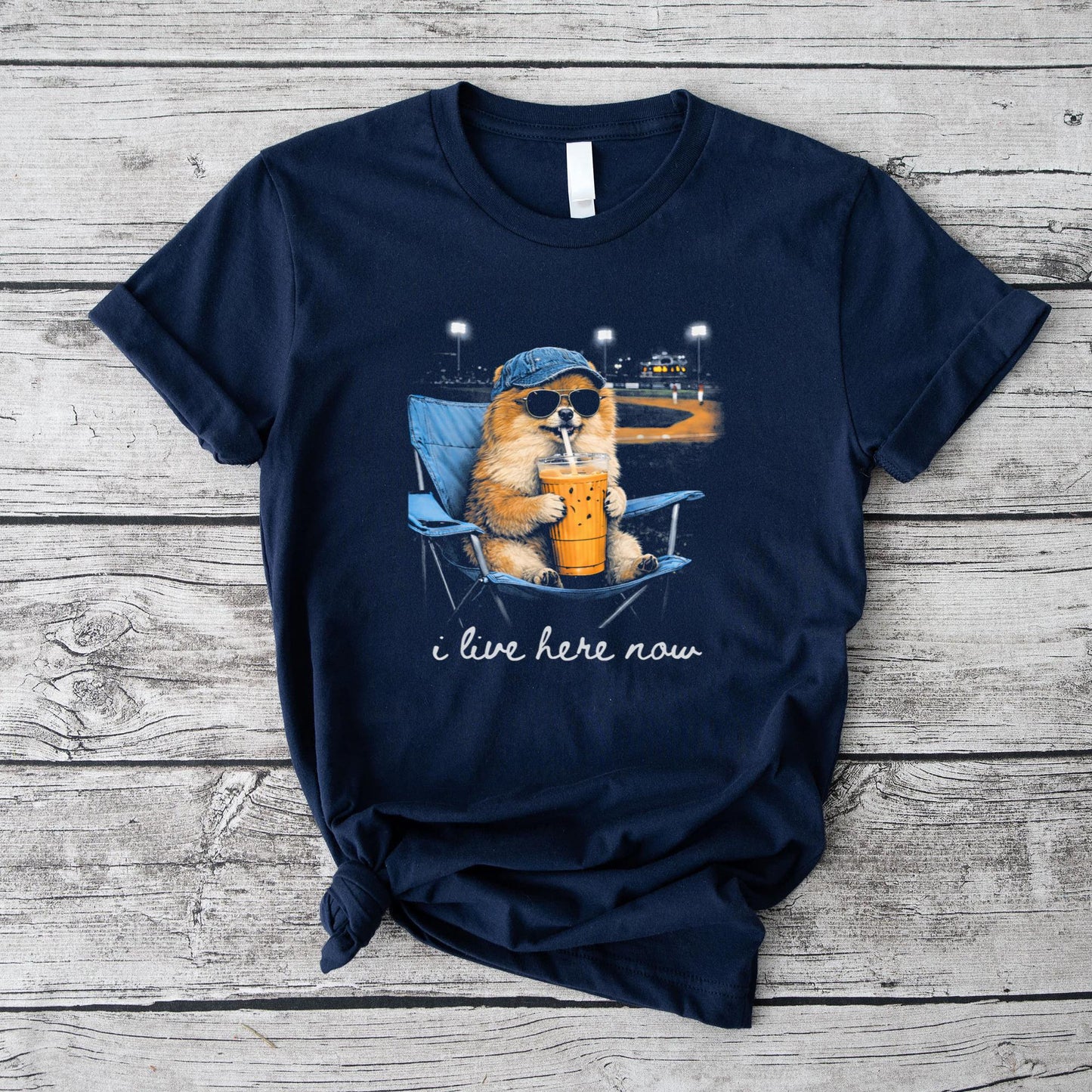 Funny Pomeranian Ballfield Baseball Field I Live Here Now T-Shirt