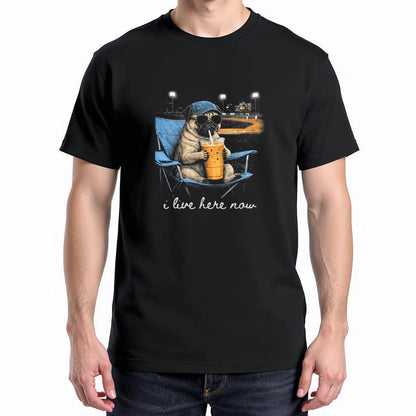 Funny Pug Dog Ballfield Baseball Field I Live Here Now T-Shirt