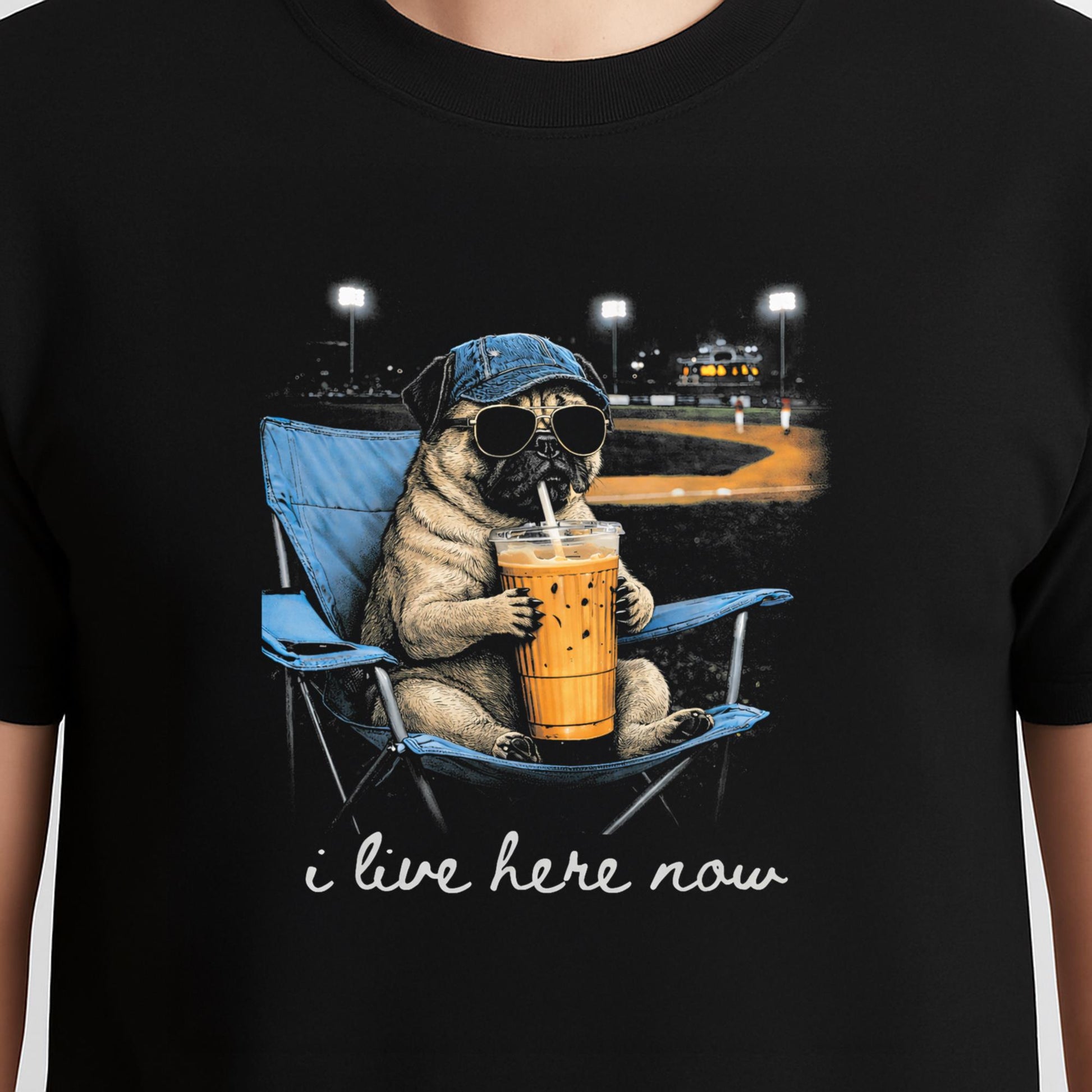 Funny Pug Dog Ballfield Baseball Field I Live Here Now T-Shirt