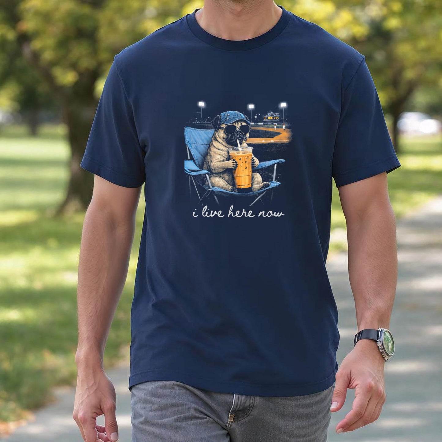 Funny Pug Dog Ballfield Baseball Field I Live Here Now T-Shirt
