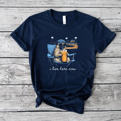 Funny Pug Dog Ballfield Baseball Field I Live Here Now T-Shirt